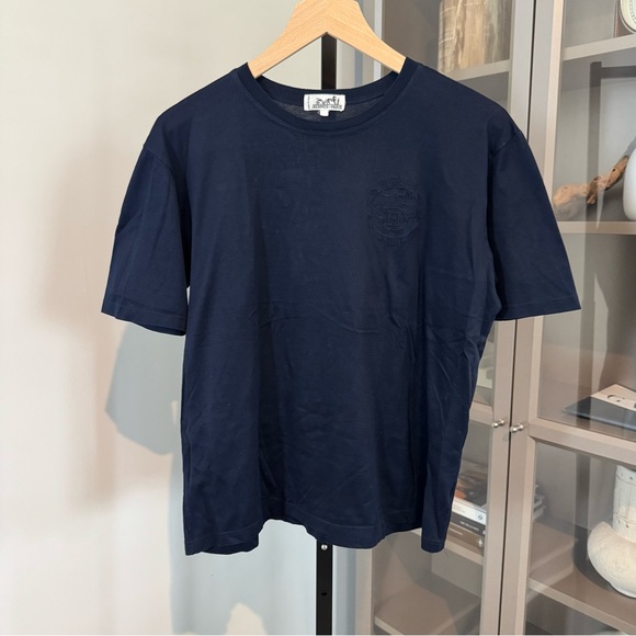 Hermes Paris Navy Blue Cotton Embroidered Logo Short Sleeve Pullover Tee Shirt L - Picture 1 of 6